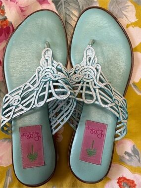 Lilly Pulitzer Seafoam Braided Leather Slide Sandals
